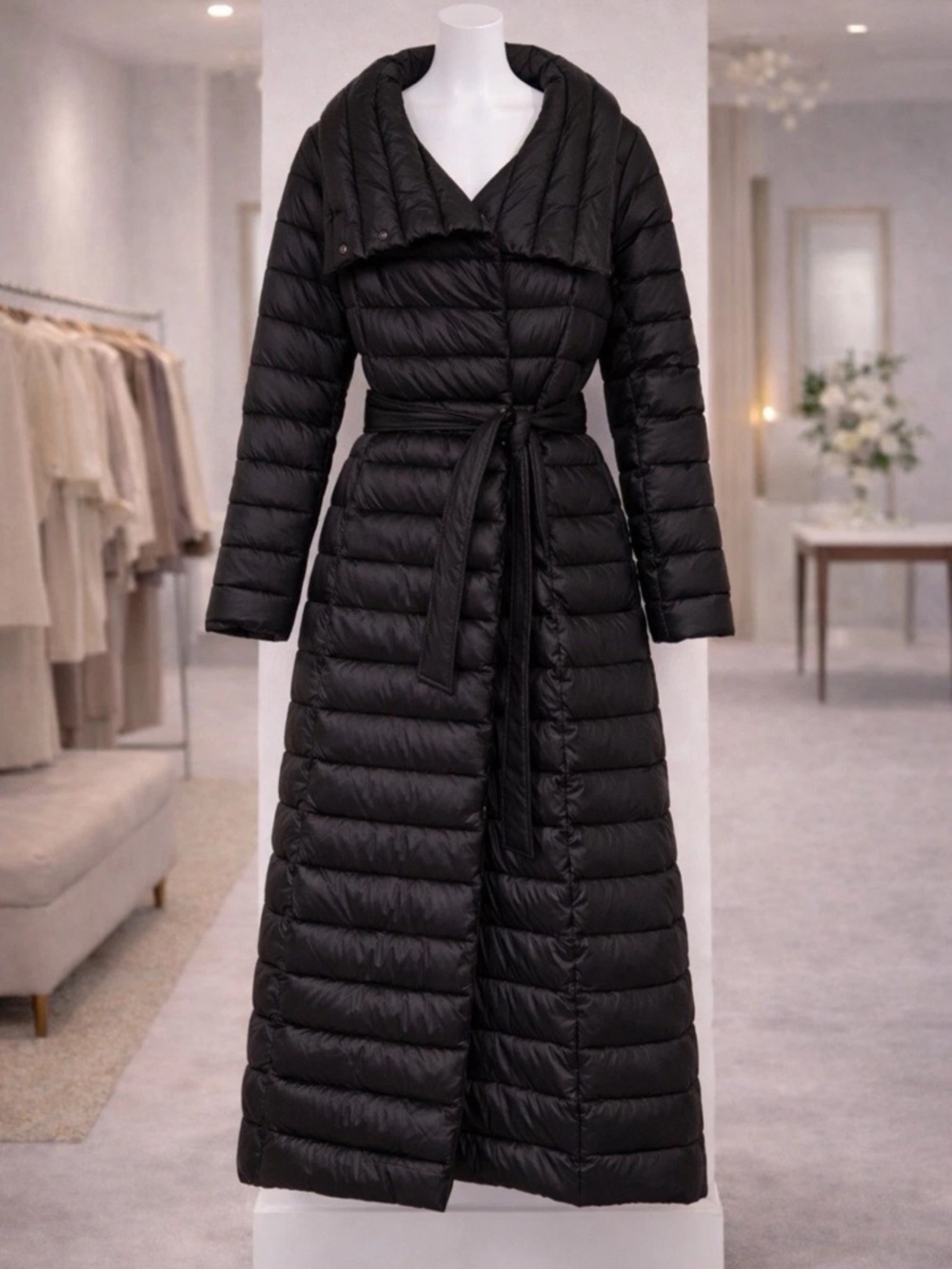 Via Spiga Long Belted Puffer Coat Black Feather-Free Hooded Size L NWT